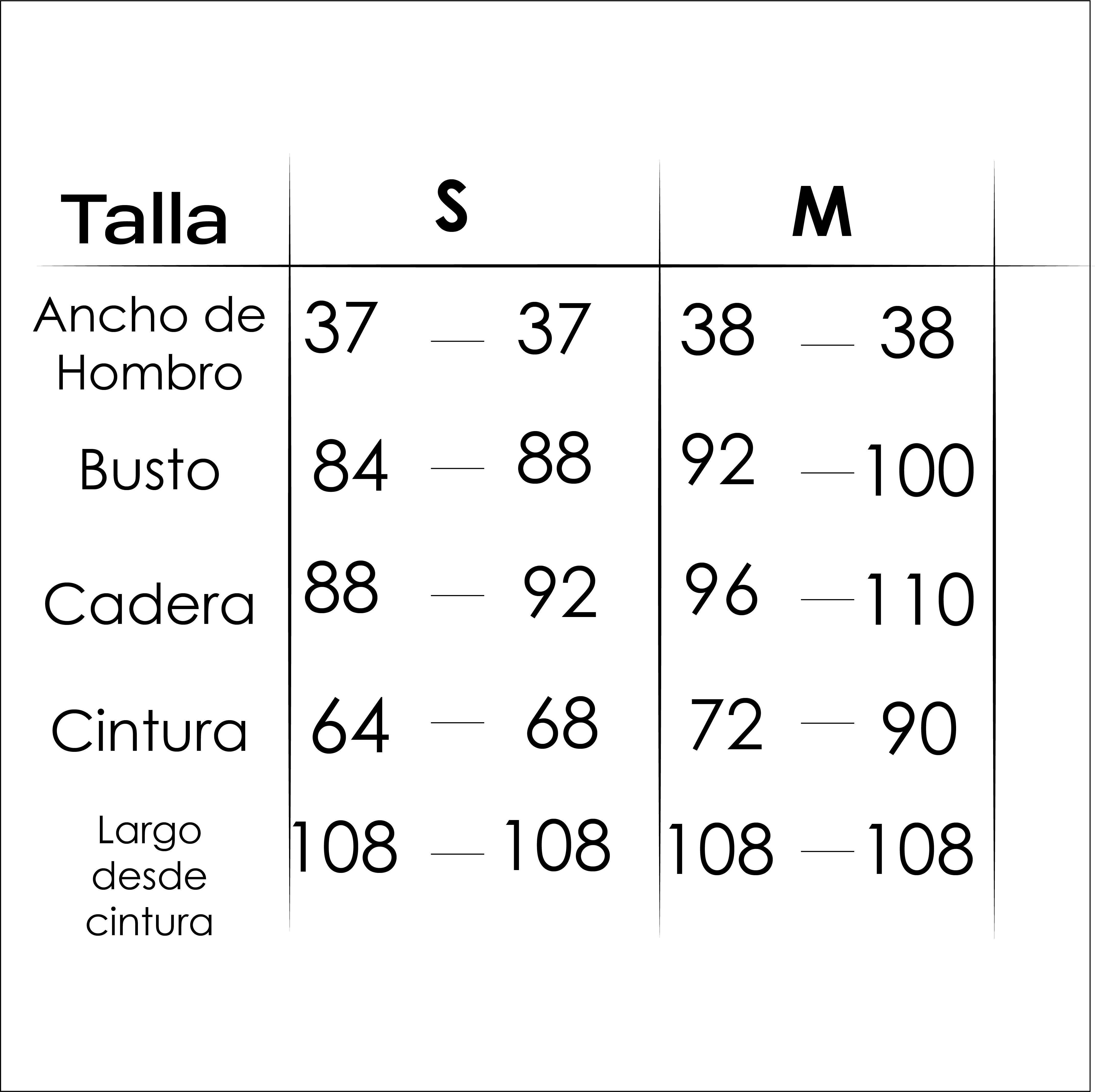 Tabla medidas Vestido marga